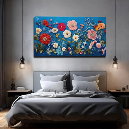 Floral painting above a bed in a bedroom setting