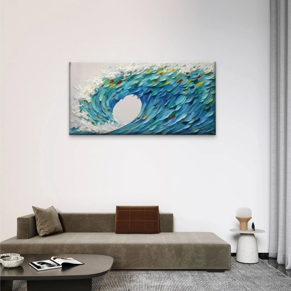 Waves Blue Green Abstract Wall Art Canvas Office Home Room Framed 120x60cm