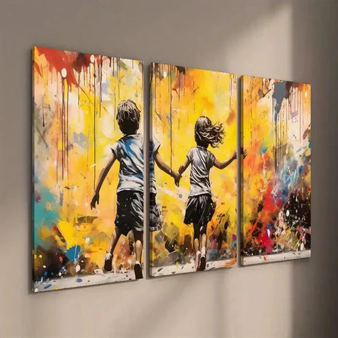 3pcs Boy And Girl Running on a Street Wall Art Set Canvas Unframed - High Quality Print 100% Australian Made Wall Canvas - Bella Home Decor