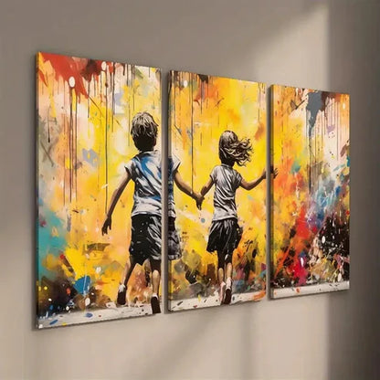 3pcs Boy And Girl Running on a Street Wall Art Set Canvas Unframed - High Quality Print 100% Australian Made Wall Canvas - Bella Home Decor