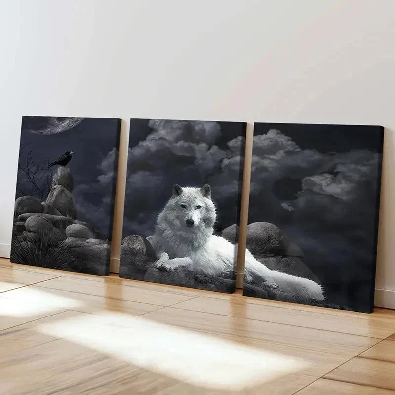 3pcs Wolf Crow Dark Style Vintage Wall Art Set Canvas Framed 60x90cm - High Quality Print 100% Australian Made Wall Canvas Ready to Hang - Bella Home Decor