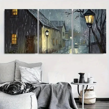 3pcs Cozy Rainy Night Village Street Wall Art Set Canvas Framed 40x60cm - High Quality Print 100% Australian Made Wall Canvas Ready to Hang - Bella Home Decor