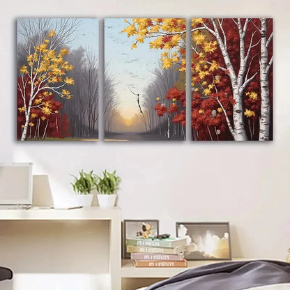 3pcs Autumn Snow Mountain Landscape Scene Wall Art Set Canvas Framed 50x70cm - High Quality Print 100% Australian Made Wall Canvas Ready to Hang - Bella Home Decor