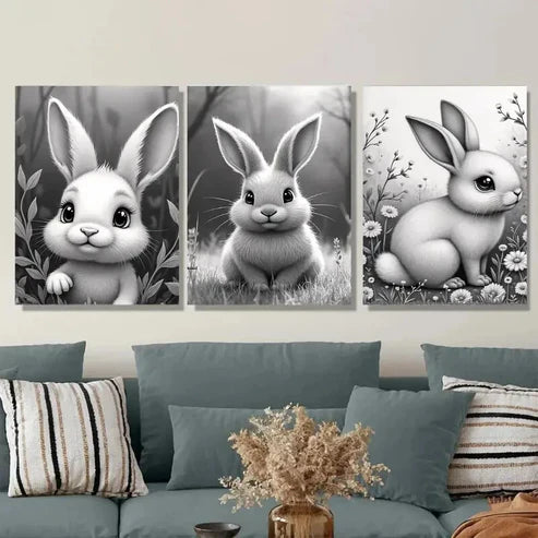 3pcs Adorable Bunny Black and White Rabbit Wall Art Set Canvas Unframed - High Quality Print 100% Australian Made Wall Canvas - Bella Home Decor
