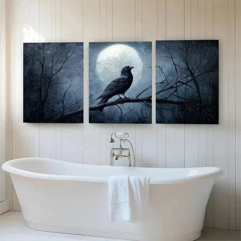 3pcs Mysterious Raven and Moon Night Perfect Wall Art Set Canvas Unframed - High Quality Print 100% Australian Made Wall Canvas