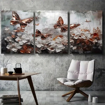 3pcs Golden Butterflies & White Flowers Metal Print Ready to Hang Art - Bella Home Decor