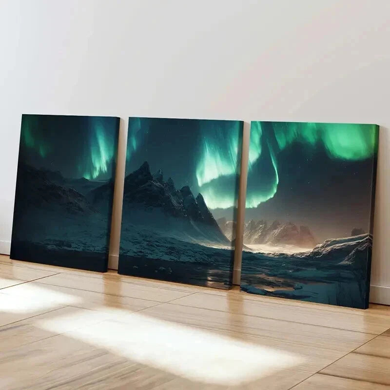 3pcs Snow Mountains Aurora Northern Lights Wall Art Set Canvas Framed 60x90cm - High Quality Print 100% Australian Made Wall Canvas Ready to Hang - Bella Home Decor