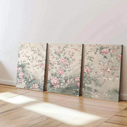 3pcs Sage Green Chinoiserie Art Rose Florals Wall Art Set Canvas Unframed - High Quality Print 100% Australian Made Wall Canvas