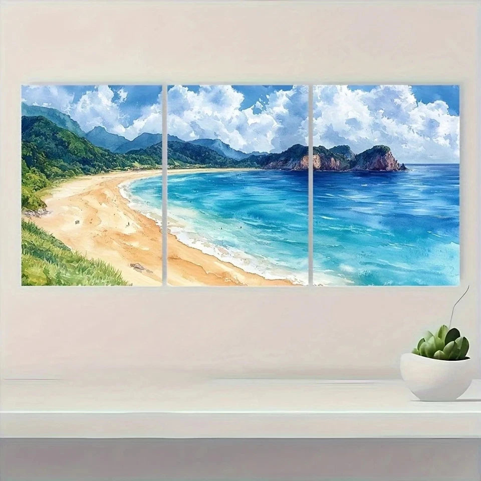 3pcs Sandy Beach Watercolor Coastal Scene Wall Art Set Canvas Framed 50x70cm - High Quality Print 100% Australian Made Wall Canvas Ready to Hang