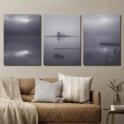 3pcs Modern Foggy Lake Misty Landscape Decor Wall Art Set Canvas Unframed - High Quality Print 100% Australian Made Wall Canvas