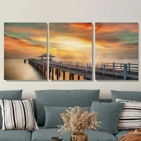 3pcs Sunset Dock Triptych Orange Yellow Green Wall Art Set Canvas Unframed - High Quality Print 100% Australian Made Wall Canvas