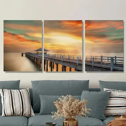 3pcs Sunset Dock Triptych Orange Yellow Green Wall Art Set Canvas Unframed - High Quality Print 100% Australian Made Wall Canvas