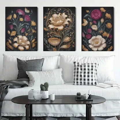 3pcs Golden Flowers, Butterflies Canvas   Wall Art Set Canvas Framed 40x60cm - High Quality Print 100% Australian Made Wall Canvas Ready to Hang - Bella Home Decor