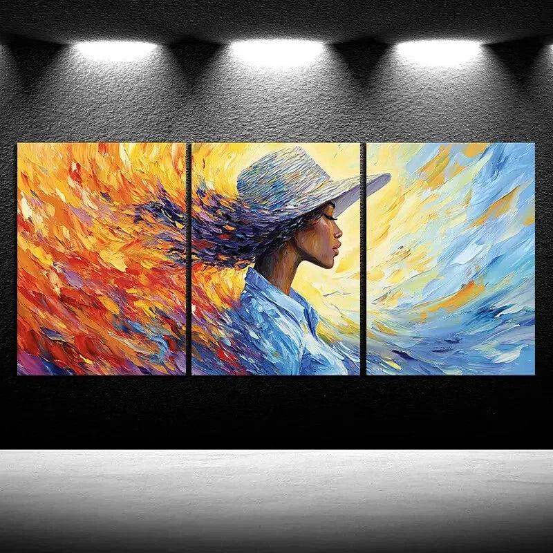 3pcs Elegant Trio Chic Woman in Sun Hat Metal Print Ready to Hang Art - Bella Home Decor