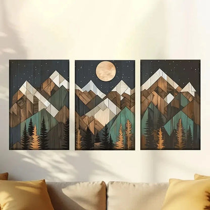 3pcs wooden mountains with pine trees Wall Art Set Canvas Framed 60x90cm - High Quality Print 100% Australian Made Wall Canvas Ready to Hang - Bella Home Decor