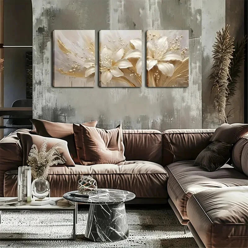 3pcs Textured Lily Golden Vintage Perfect Wall Art Set Canvas Framed 40x60cm - High Quality Print 100% Australian Made Wall Canvas Ready to Hang - Bella Home Decor