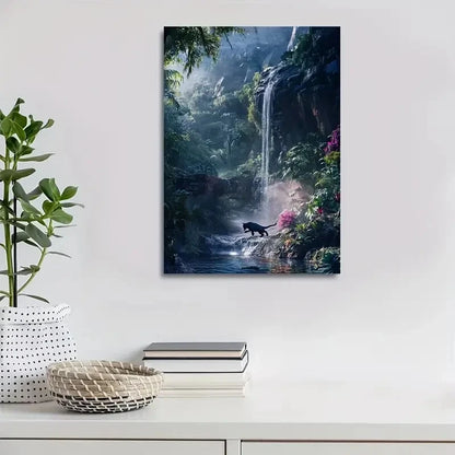 Beautiful Vibrant Panther & Waterfall Scene Painting 40x60cm Metal Print Ready to Hang - Bella Home Decor