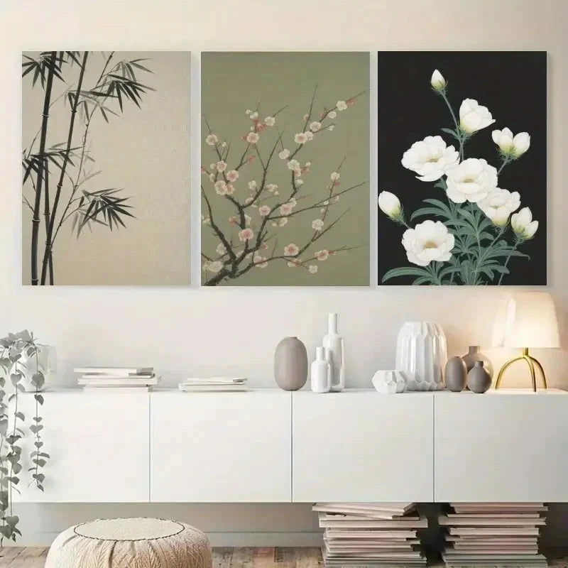 3pcs Bamboo Plum Blossom White Flowers Paintings Metal Print Ready to Hang Art - Bella Home Decor