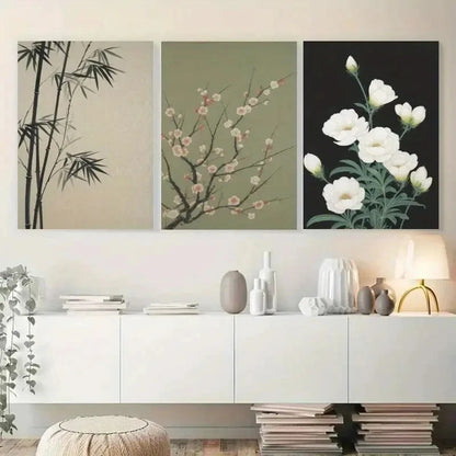 3pcs Bamboo Plum Blossom White Flowers Paintings Metal Print Ready to Hang Art - Bella Home Decor