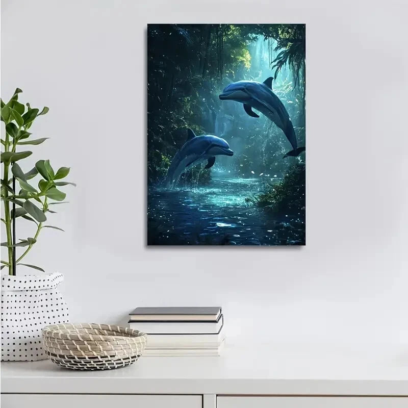 Cyberpunk Dolphin Jungle Scene with Mystical Painting 40x60cm Metal Print Ready to Hang - Bella Home Decor