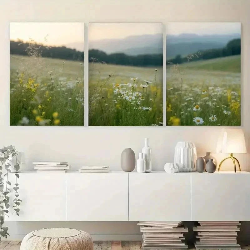 3pcs Wildflowers, Green Hills Canvas   Wall Art Set Canvas Framed 50x70cm - High Quality Print 100% Australian Made Wall Canvas Ready to Hang