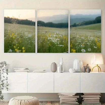 3pcs Wildflowers, Green Hills Canvas   Wall Art Set Canvas Framed 50x70cm - High Quality Print 100% Australian Made Wall Canvas Ready to Hang