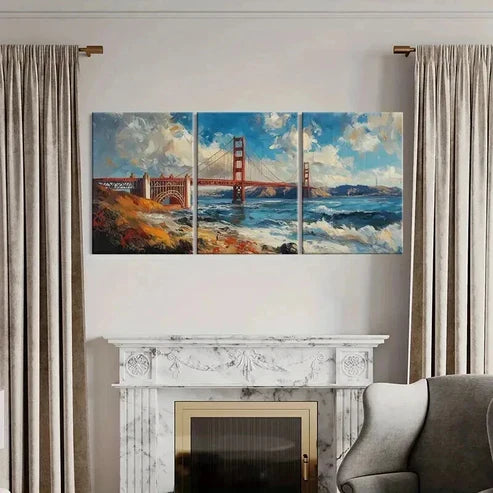 3pcs Golden Gate Bridge Dramatic Sky Ocean Waves Wall Art Canvas Unframed - High Quality Print 100% Australian Made Wall Canvas - Bella Home Decor