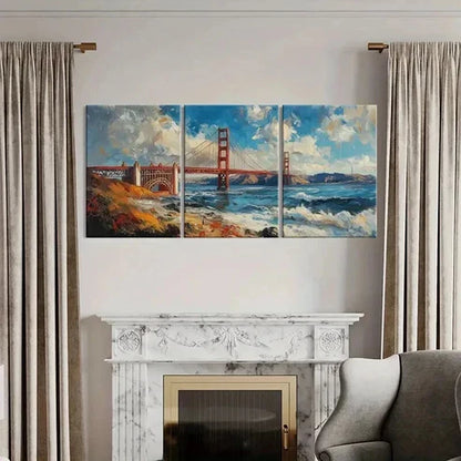 3pcs Golden Gate Bridge Dramatic Sky Ocean Waves Wall Art Canvas Unframed - High Quality Print 100% Australian Made Wall Canvas - Bella Home Decor
