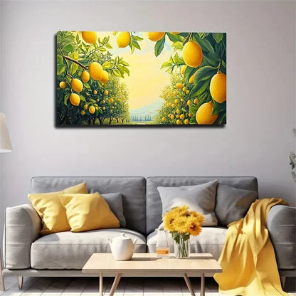 Vibrant Lemon Orchard Deco Wall Art Canvas Office Home Room Framed 120x60cm