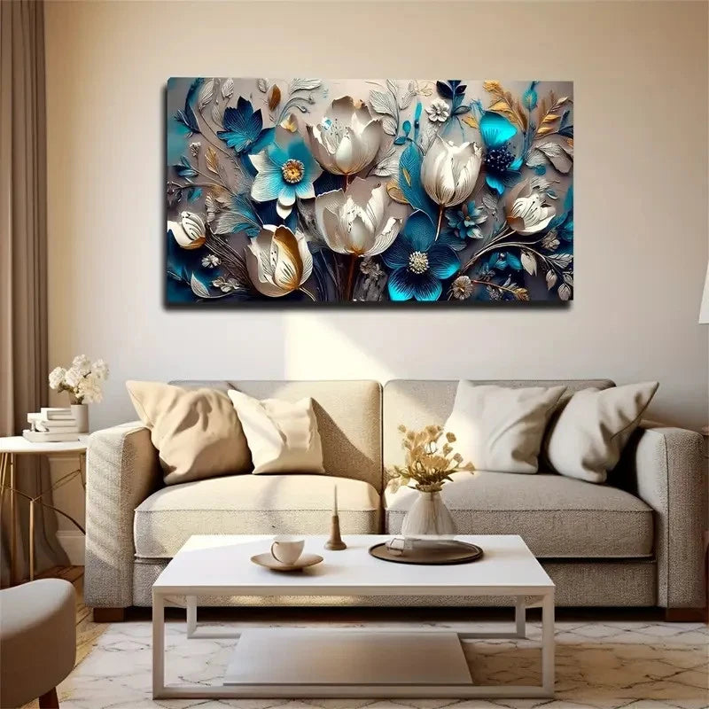 Golden & Blue Flowers Wall Art Canvas Office Home Room Framed 120x60cm