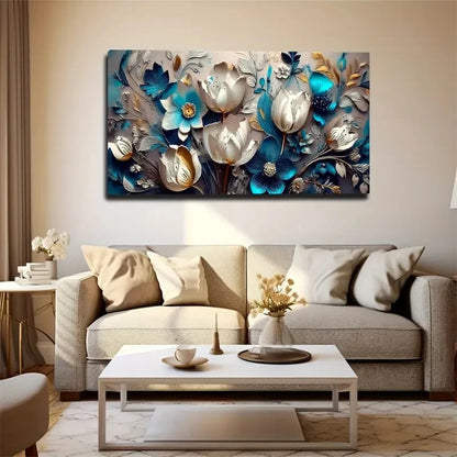 Golden & Blue Flowers Wall Art Canvas Office Home Room Framed 120x60cm