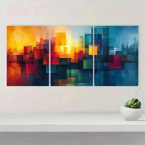 3pcs Blue Green Geometric Abstract Illu D Wall Art Set Canvas Unframed - High Quality Print 100% Australian Made Wall Canvas - Bella Home Decor