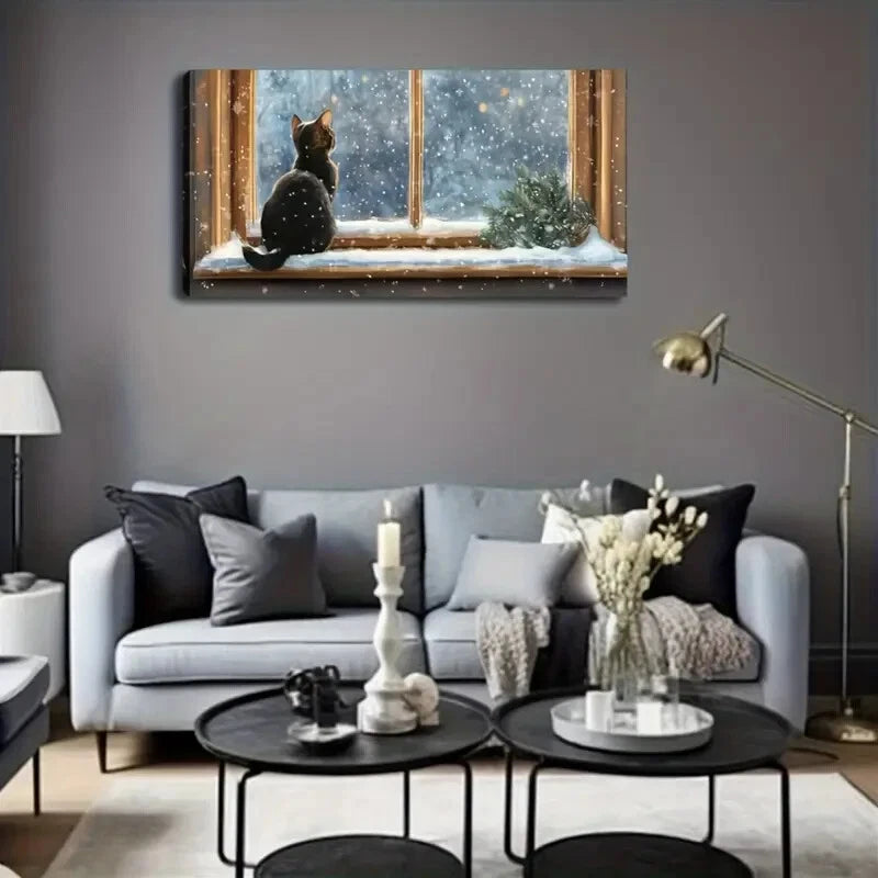 Charming Cat Looking Out Window Wall Art Canvas Office Home Room Framed 120x60cm - Bella Home Decor