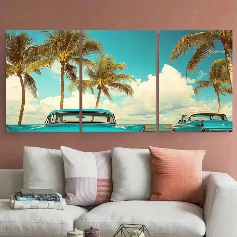 3pcs Vintage Miami & Florida City Perfect Wall Art Set Canvas Framed 60x90cm - High Quality Print 100% Australian Made Wall Canvas Ready to Hang