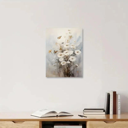 Floral painting on a wall above a wooden shelf with books and an open book.