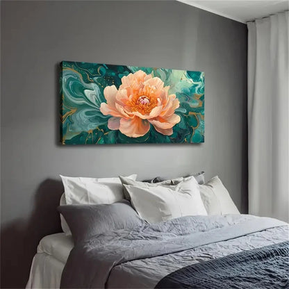 Peony Bloom Teal & Golden Wall Art Canvas Office Home Room Framed 120x60cm
