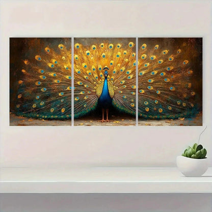 3pcs Vintage Peacock Golden & Blue Wall Art Set Canvas Framed 50x70cm - High Quality Print 100% Australian Made Wall Canvas Ready to Hang - Bella Home Decor