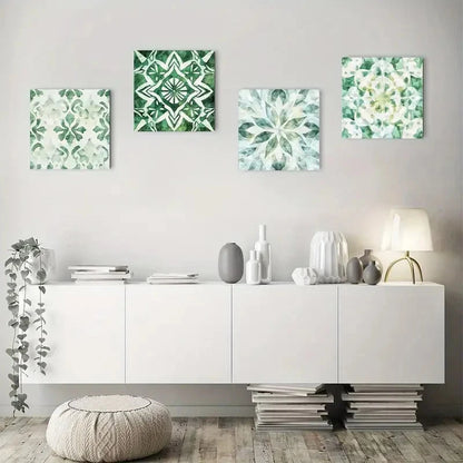 4pcs Flower Pattern Green Boho Indian Wall Art Canvas Framed