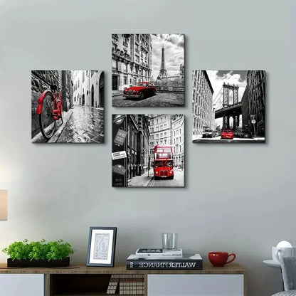 4pcs Red Accent Cityscapes Wall Art Canvas Framed
