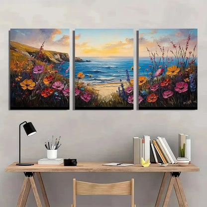 3pcs Coast Beach Wildflowers Landscape Wall Art Set Canvas Framed 50x70cm - High Quality Print 100% Australian Made Wall Canvas Ready to Hang - Bella Home Decor