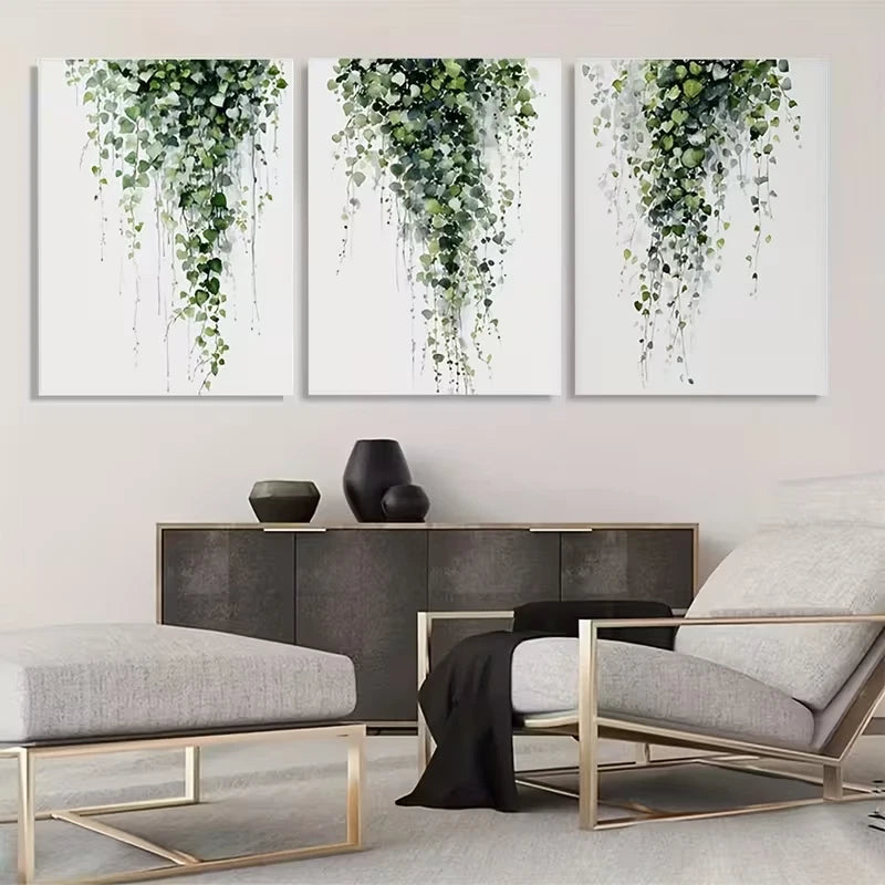 3pcs Green Leaves Cascading Down The Wall  Wall Art Set Canvas Framed 50x70cm - High Quality Print 100% Australian Made Wall Canvas Ready to Hang