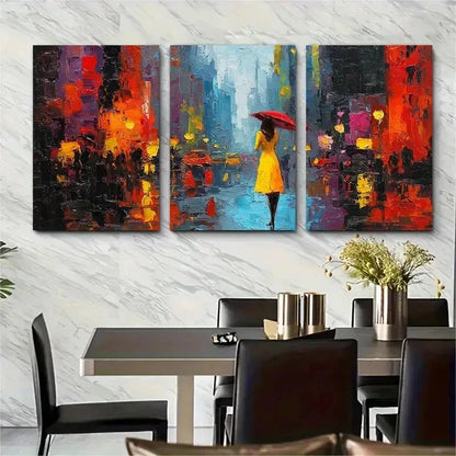 3pcs Street Walk Raining Cityscape Décor Prefect Wall Art Set Canvas Framed 50x70cm - High Quality Print 100% Australian Made Wall Canvas Ready to Hang