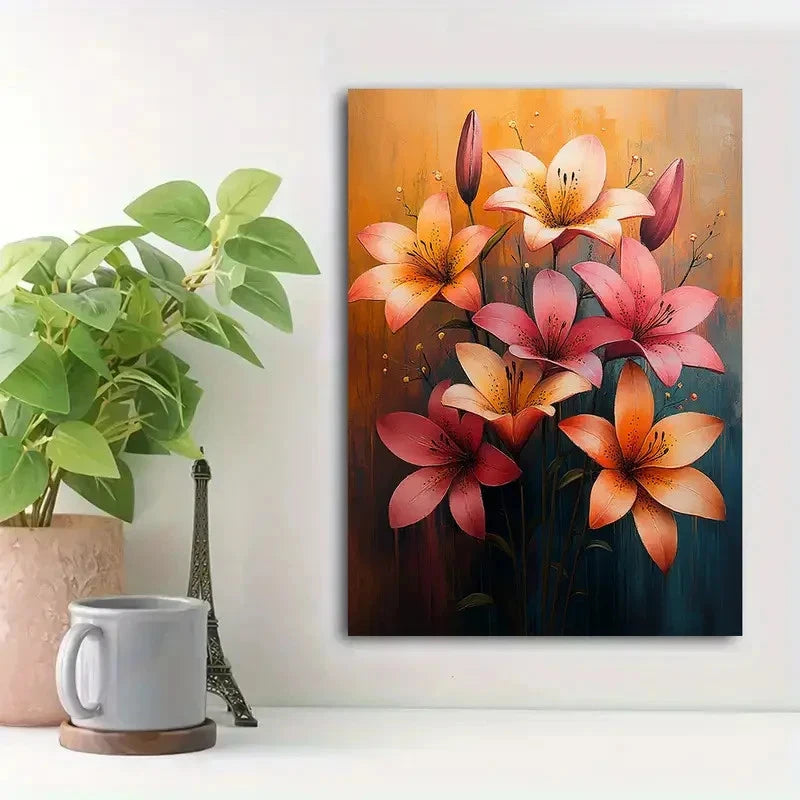 Beautiful Vibrant Lilies Bouquet with Pink Painting 40x60cm Metal Print Ready to Hang
