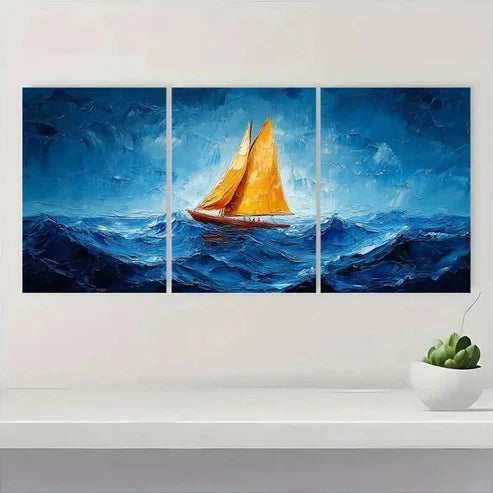 3pcs Vibrant Blue Seascape with Orange SF  Wall Art Set Canvas Unframed - High Quality Print 100% Australian Made Wall Canvas