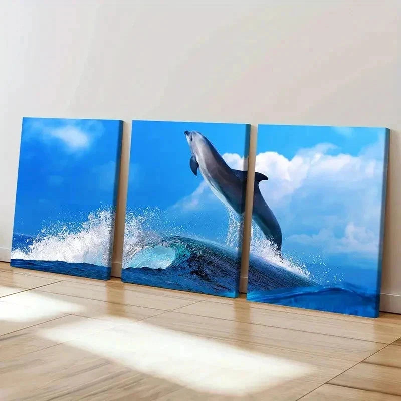 3pcs Dolphins Jumping Out Of The Sea Wall Art Set Canvas Framed 40x60cm - High Quality Print 100% Australian Made Wall Canvas Ready to Hang - Bella Home Decor