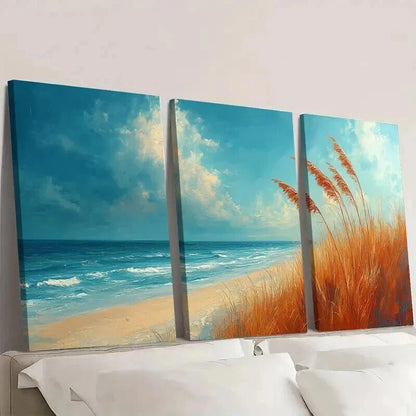 3pcs Beach Scene with Sea Oats Blowing Wall Art Set Canvas Framed 40x60cm - High Quality Print 100% Australian Made Wall Canvas Ready to Hang - Bella Home Decor