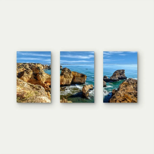 3pcs Sandstone Cliffs Deep Blue Ocean Wall Art Set Canvas Framed 50x70cm - High Quality Print 100% Australian Made Wall Canvas Ready to Hang
