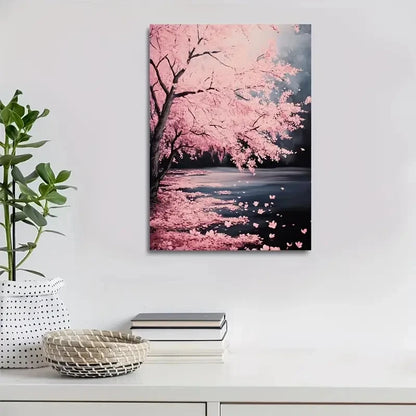 Serene Pink Blossom Landscape with Butterflie Painting 40x60cm Metal Print Ready to Hang - Bella Home Decor