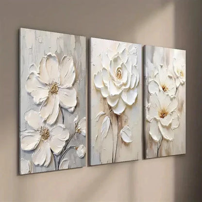 3pcs White Textured Flower Painting  Wall Art Set Canvas Unframed - High Quality Print 100% Australian Made Wall Canvas