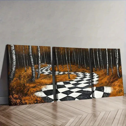 3pcs Black & White Checkered Pathway in Forest Wall Art Set Canvas Unframed – High Quality Print 100% Australian Made Wall Canvas - Bella Home Decor